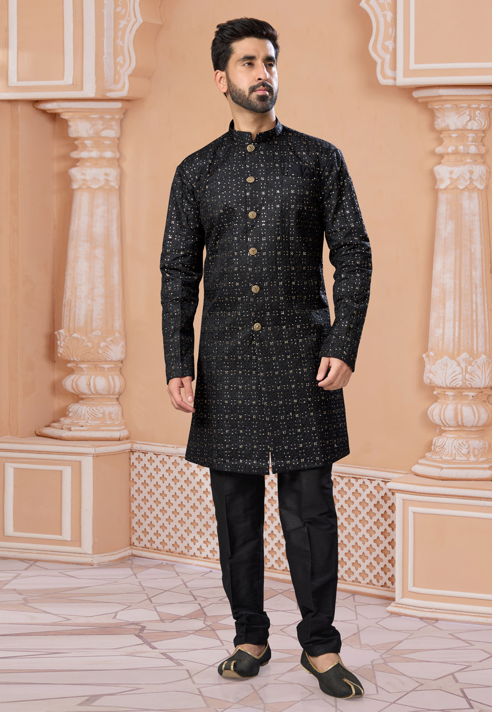 Black Silk Pakistani Sherwani 282228