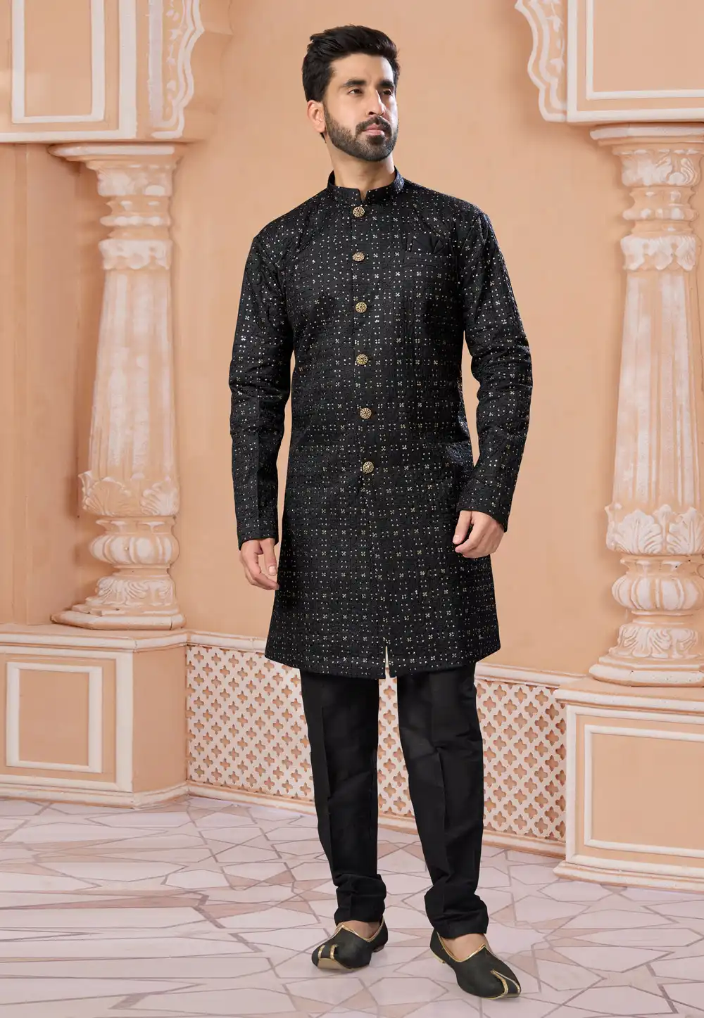 Black Silk Pakistani Sherwani 282228