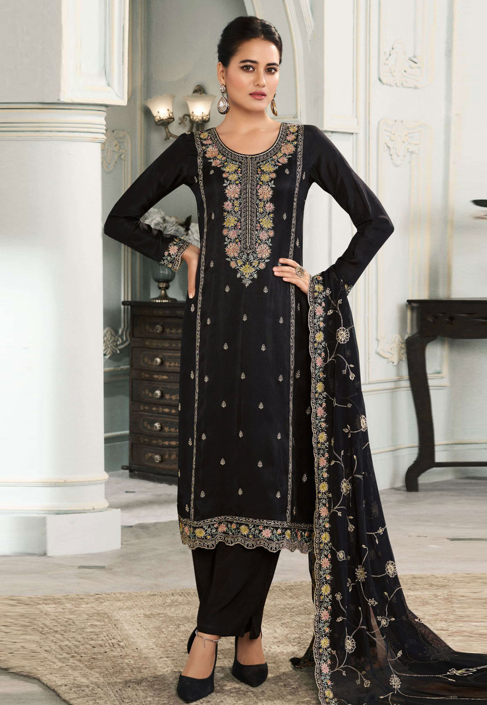 Black Silk Pakistani Suit 311340
