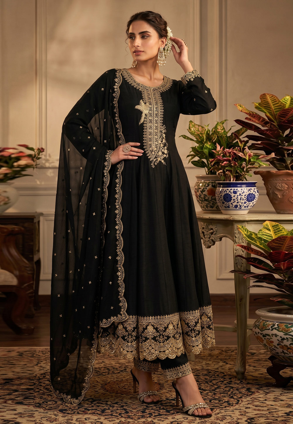 Black Silk Readymade Anarkali Suit 328914