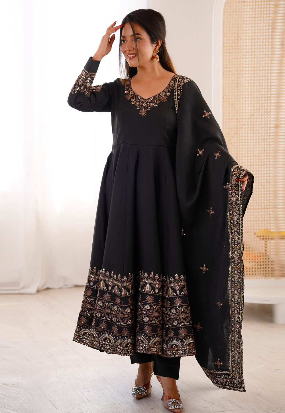 Black Silk Readymade Anarkali Suit 327189