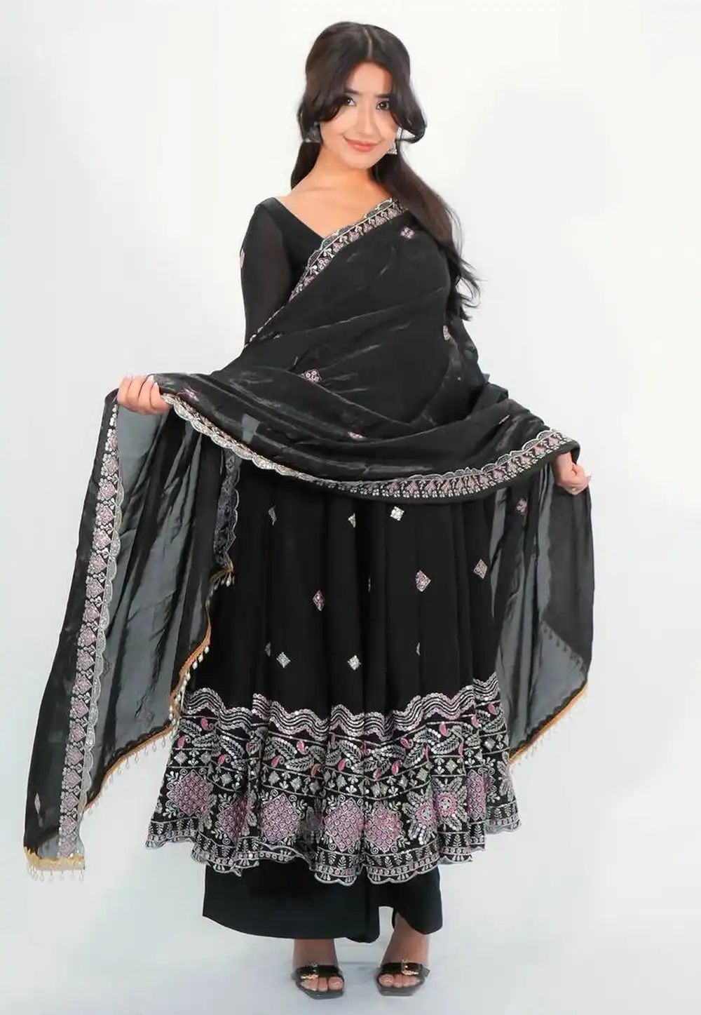 Black Silk Readymade Anarkali Suit 330423