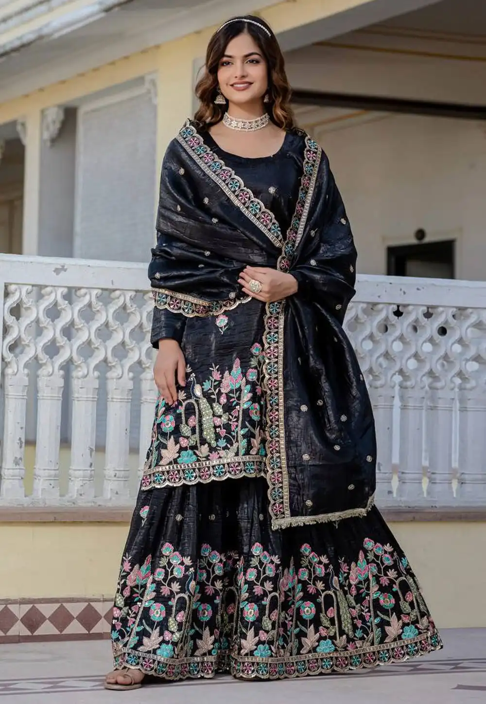 Black Silk Readymade Gharara Suit 313732