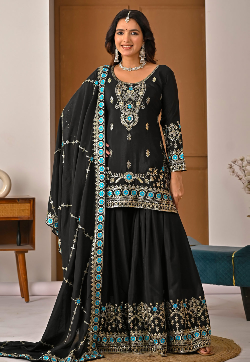 Black Silk Readymade Gharara Suit 323456