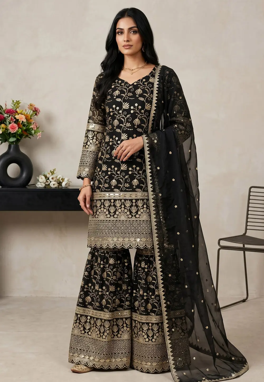 Black Silk Readymade Gharara Suit 331980