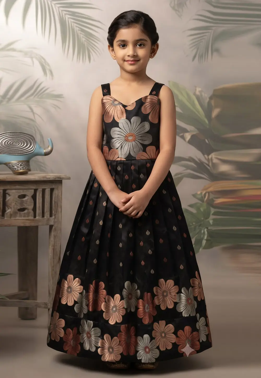 Black Silk Readymade Girls Gown 336296
