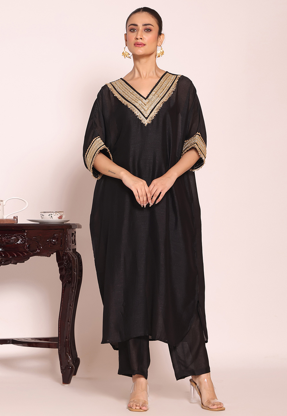 Black Silk Readymade Kaftan 325522