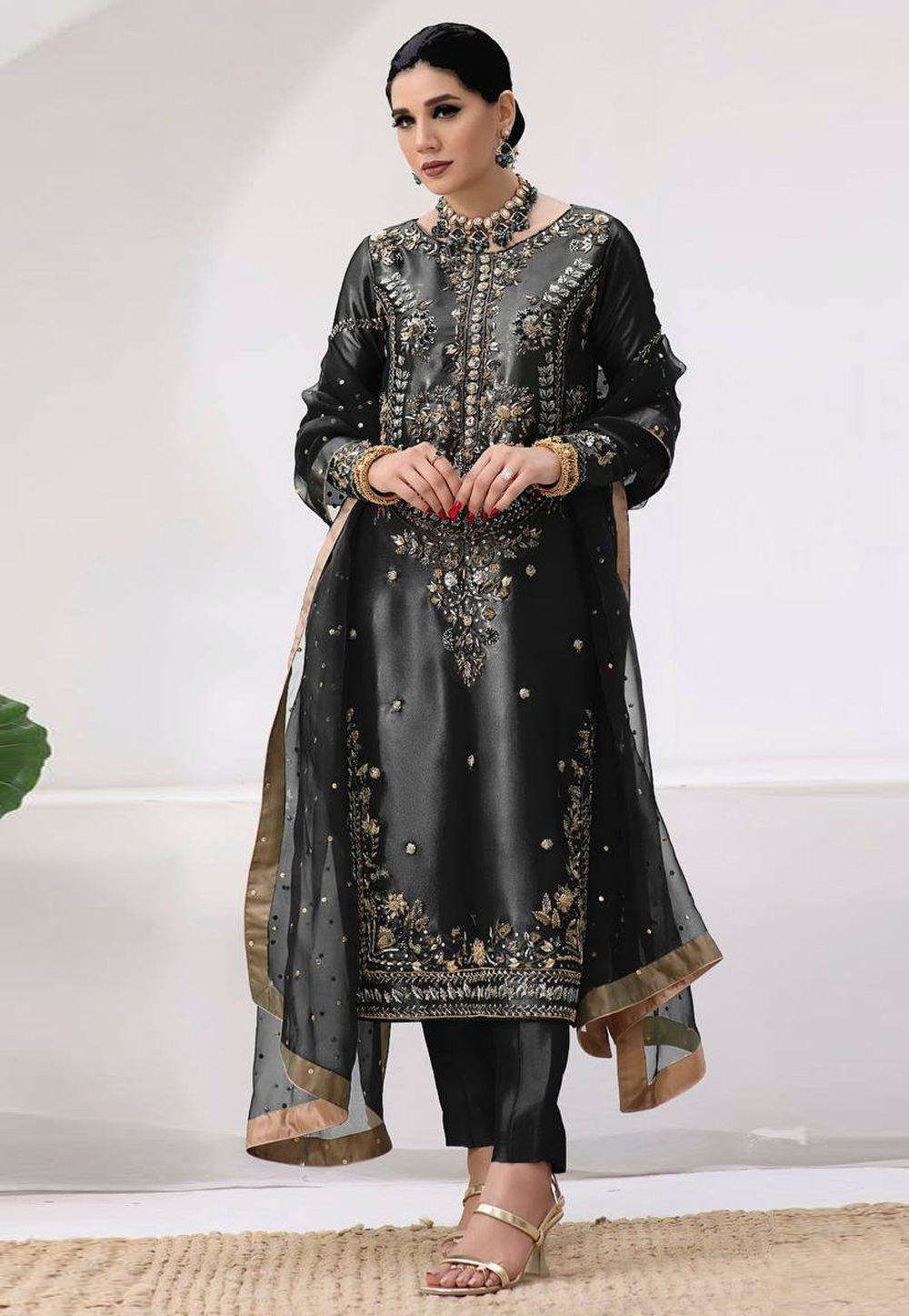 Black Silk Readymade Pakistani Suit 321880