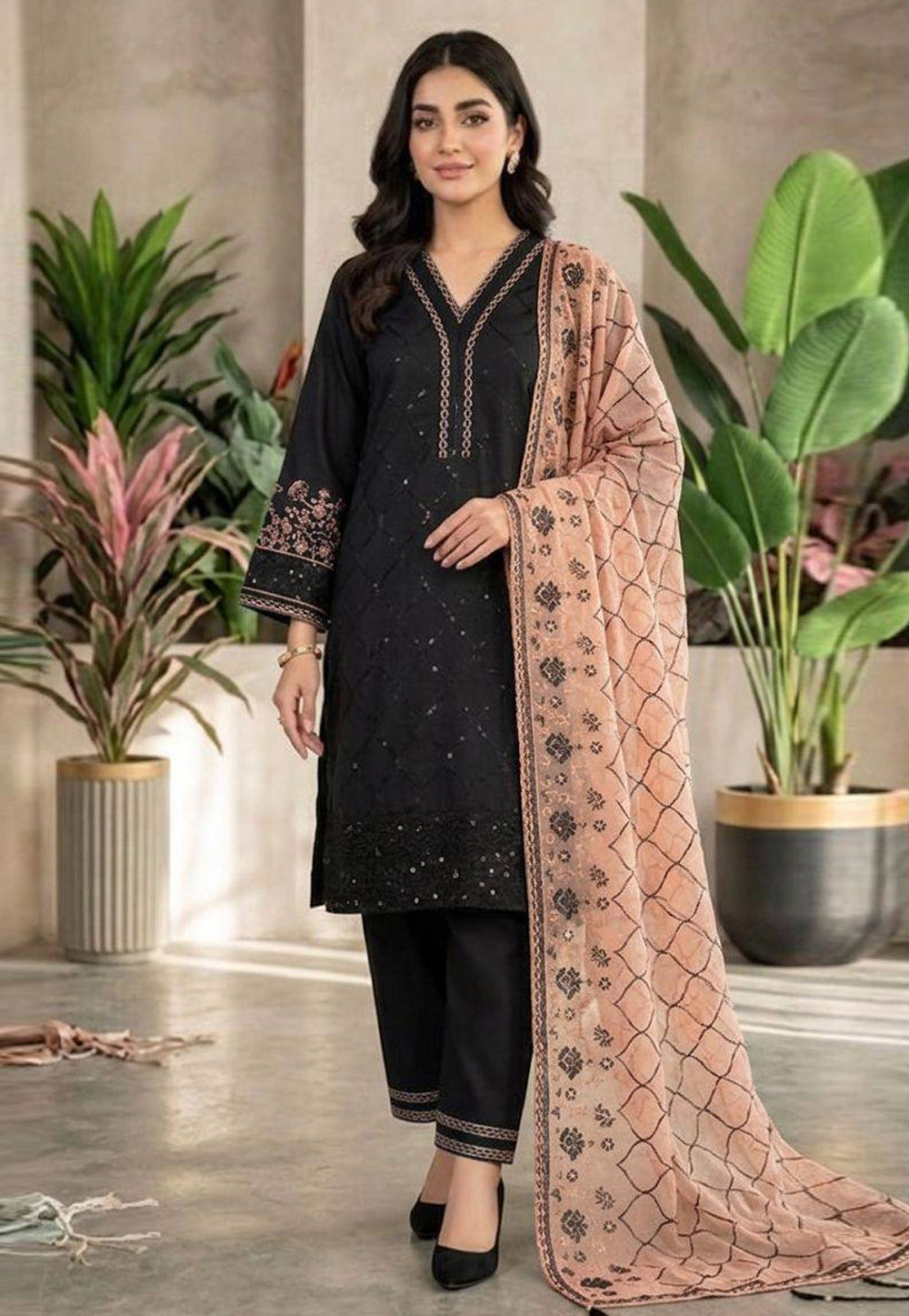 Black Silk Readymade Pakistani Suit 330180