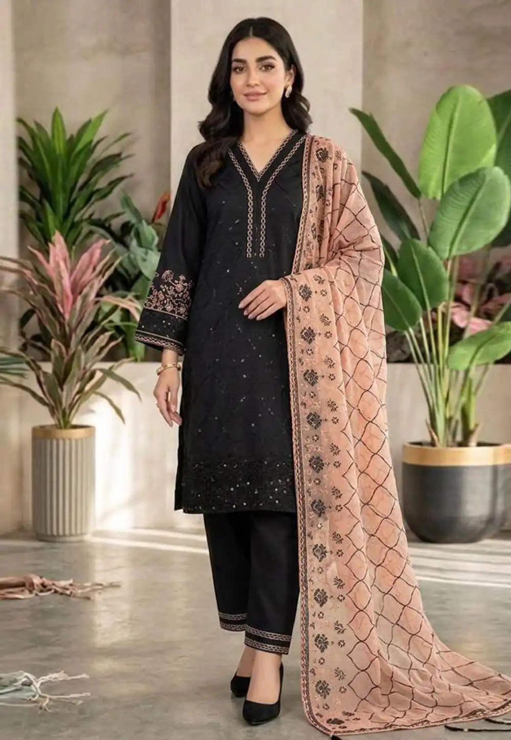 Black Silk Readymade Pakistani Suit 330180
