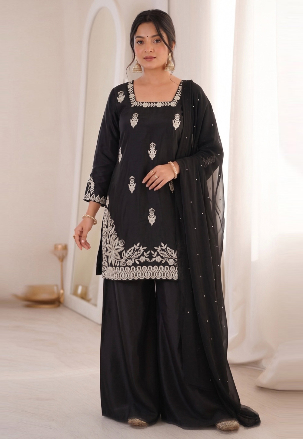 Black Silk Readymade Palazzo Suit 329092