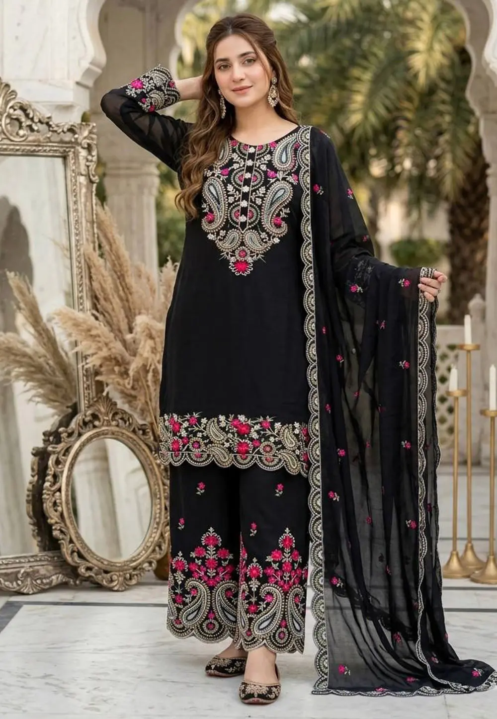 Black Silk Readymade Palazzo Suit 331903
