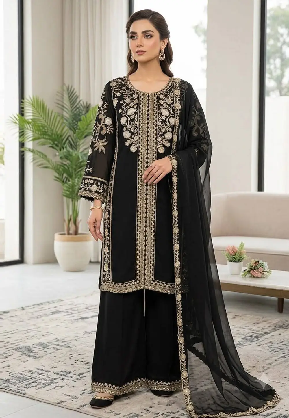 Black Silk Readymade Palazzo Suit 332817