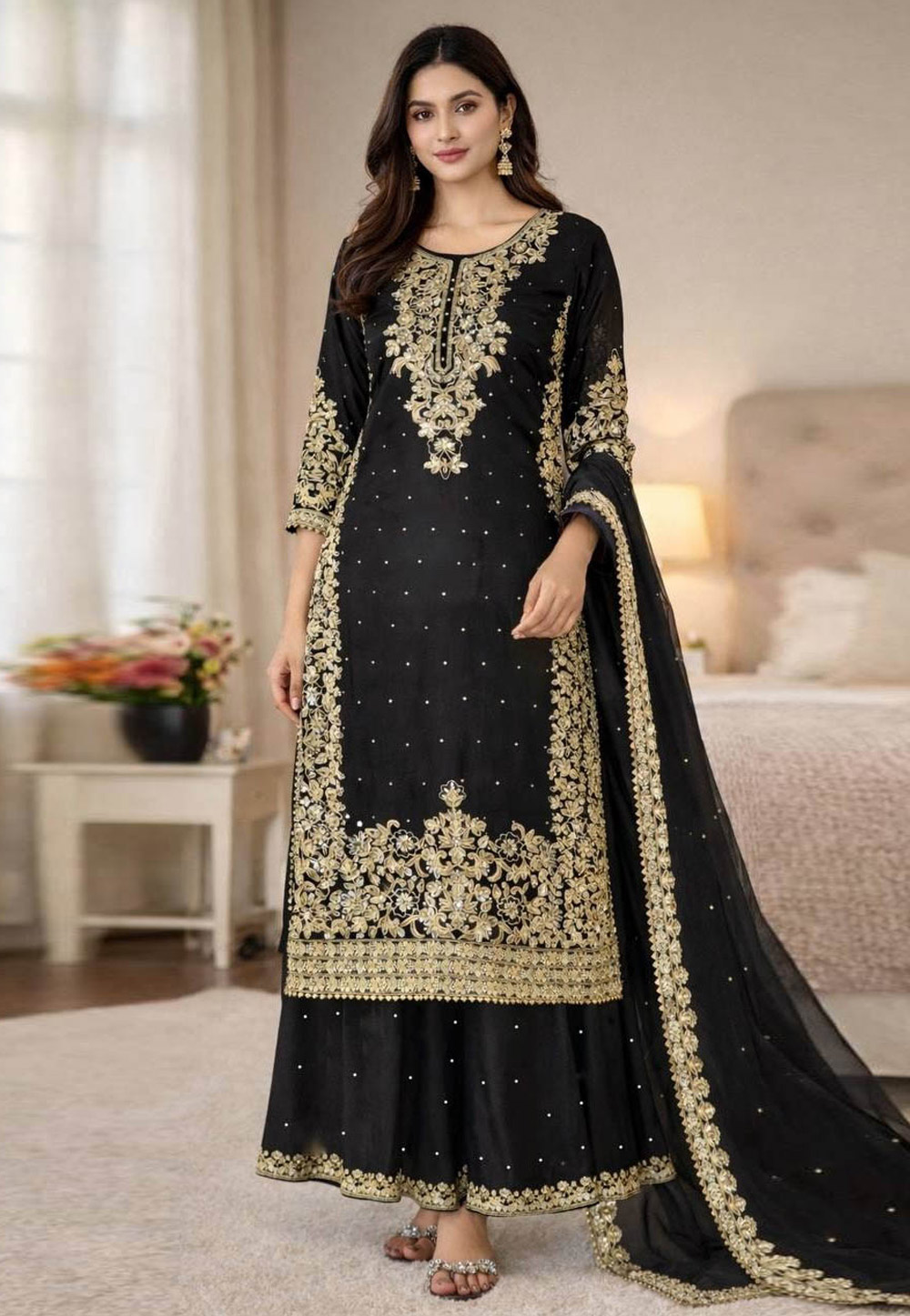 Black Silk Readymade Palazzo Suit 321490