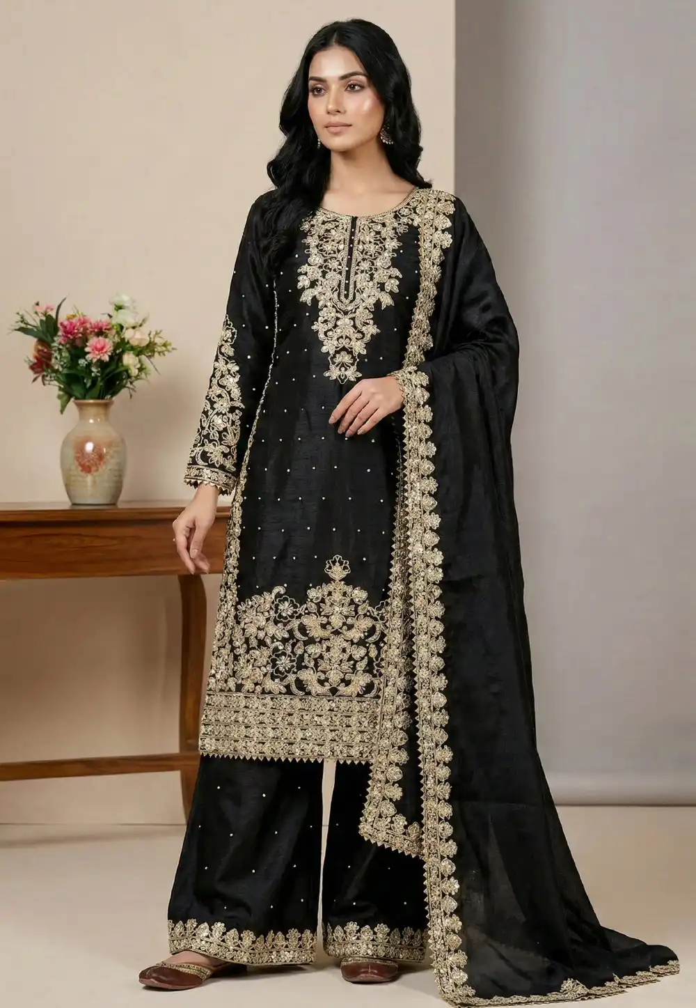 Black Silk Readymade Palazzo Suit 324982
