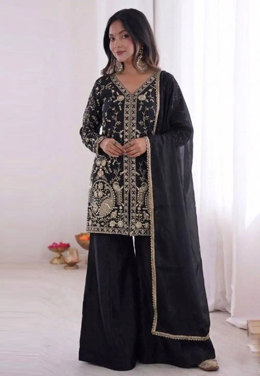 Black Silk Readymade Palazzo Suit 328294