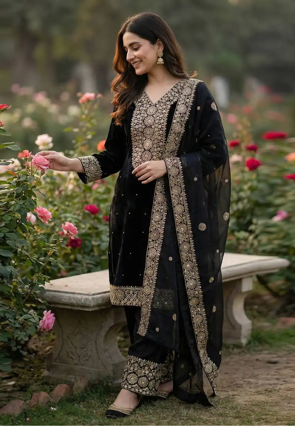Black Silk Readymade Palazzo Suit 324882