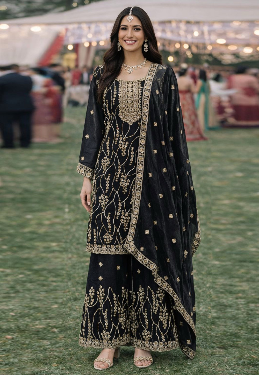 Black Silk Readymade Palazzo Suit 326971