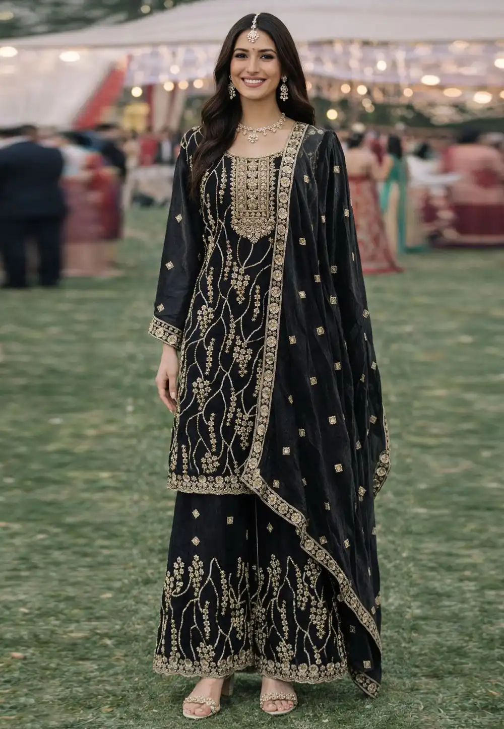 Black Silk Readymade Palazzo Suit 326971