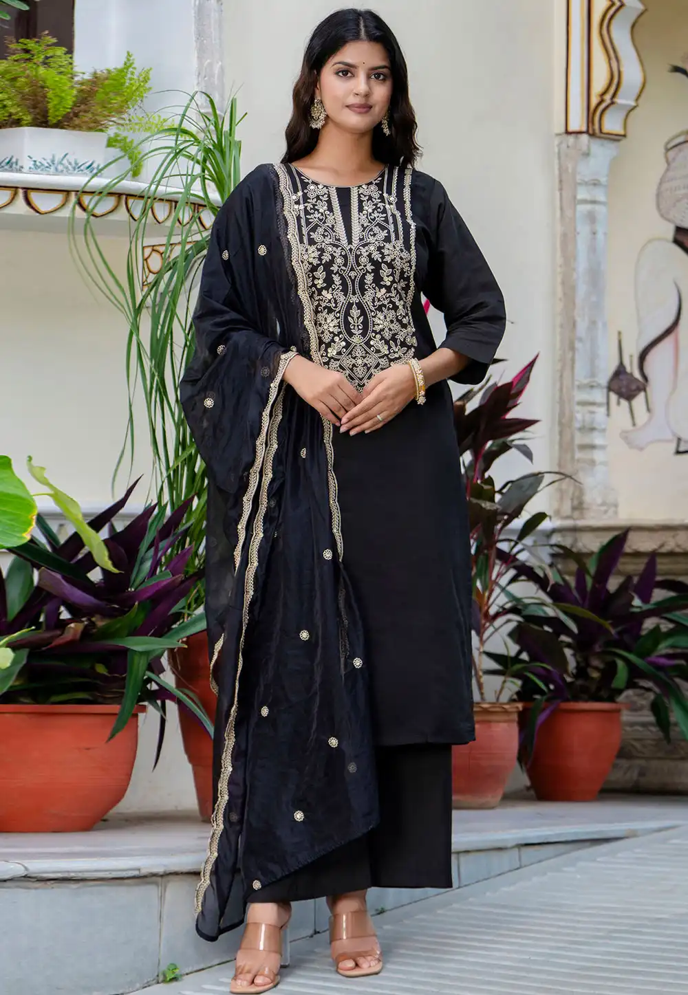 Black Silk Readymade Palazzo Suit 309694