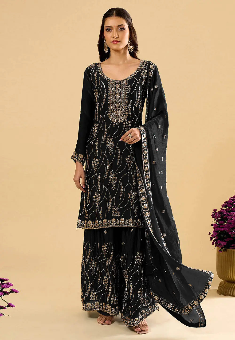 Black Silk Readymade Palazzo Suit 330943