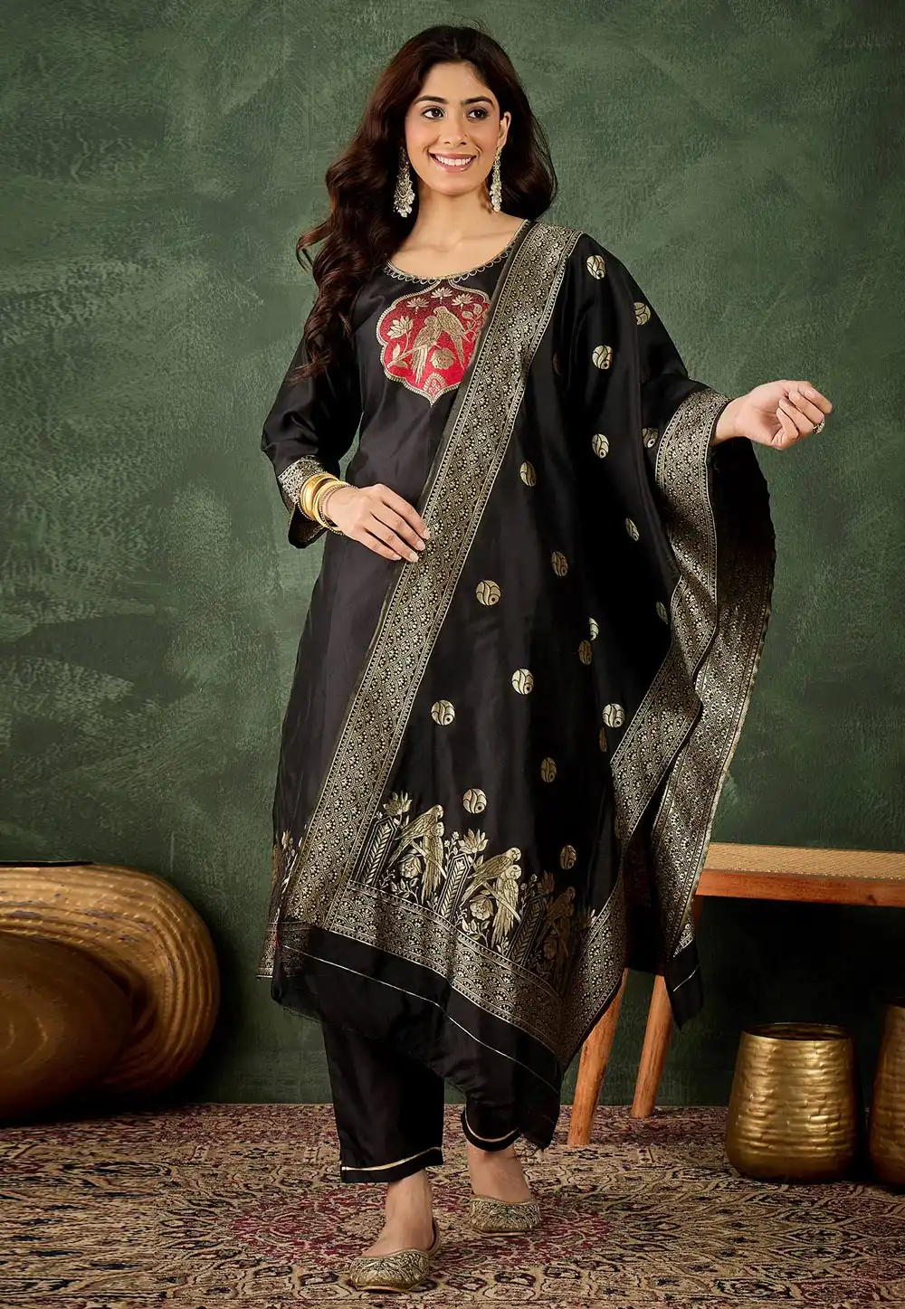 Black Silk Readymade Pant Style Suit 313844