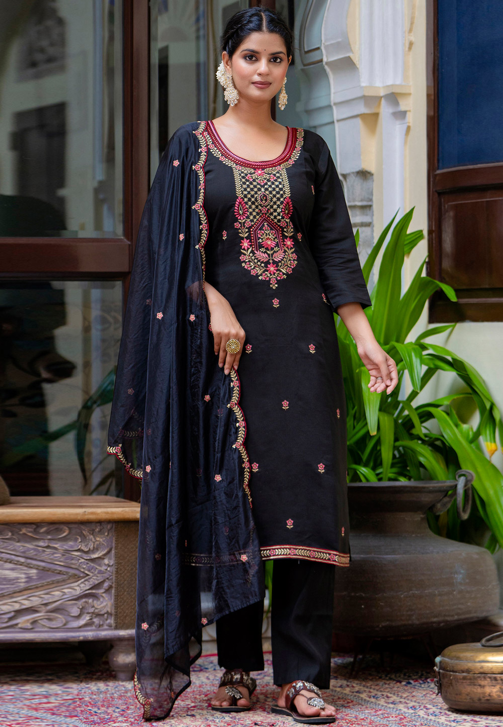 Black Silk Readymade Pant Style Suit 309692