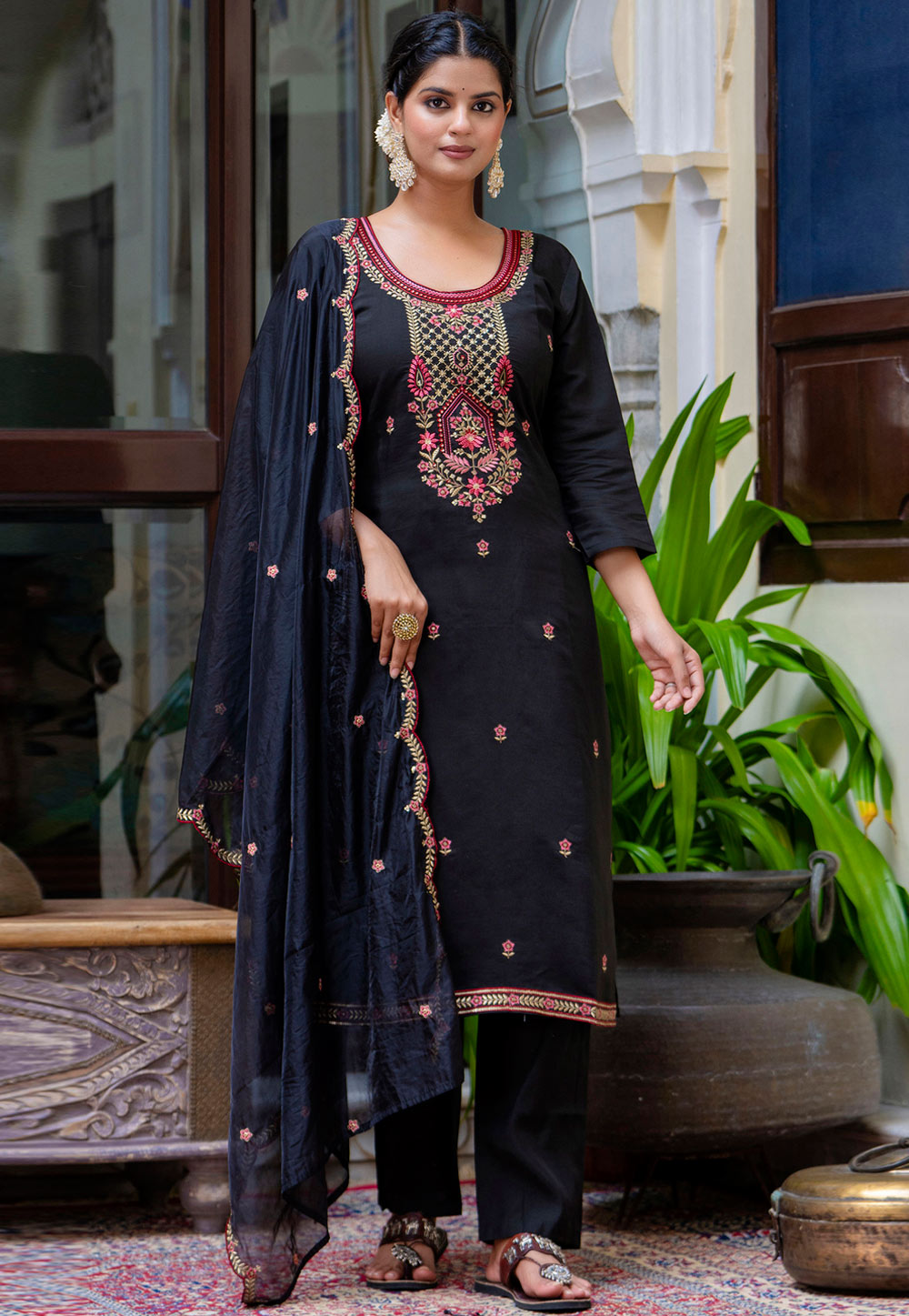 Black Silk Readymade Pant Style Suit 329976
