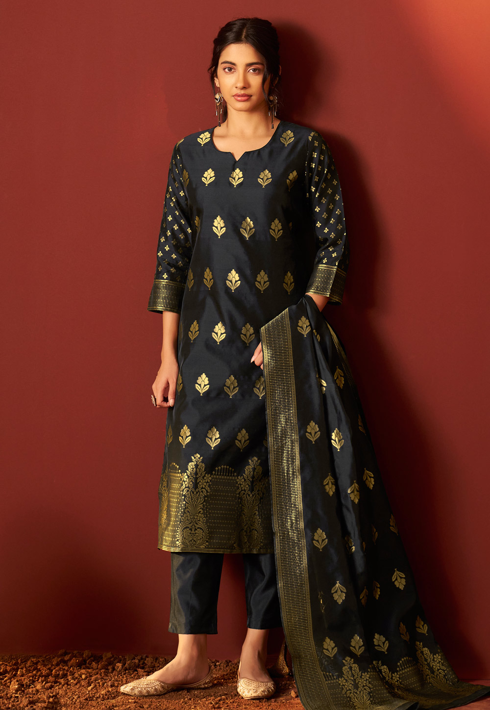 Black Silk Readymade Pant Style Suit 321807