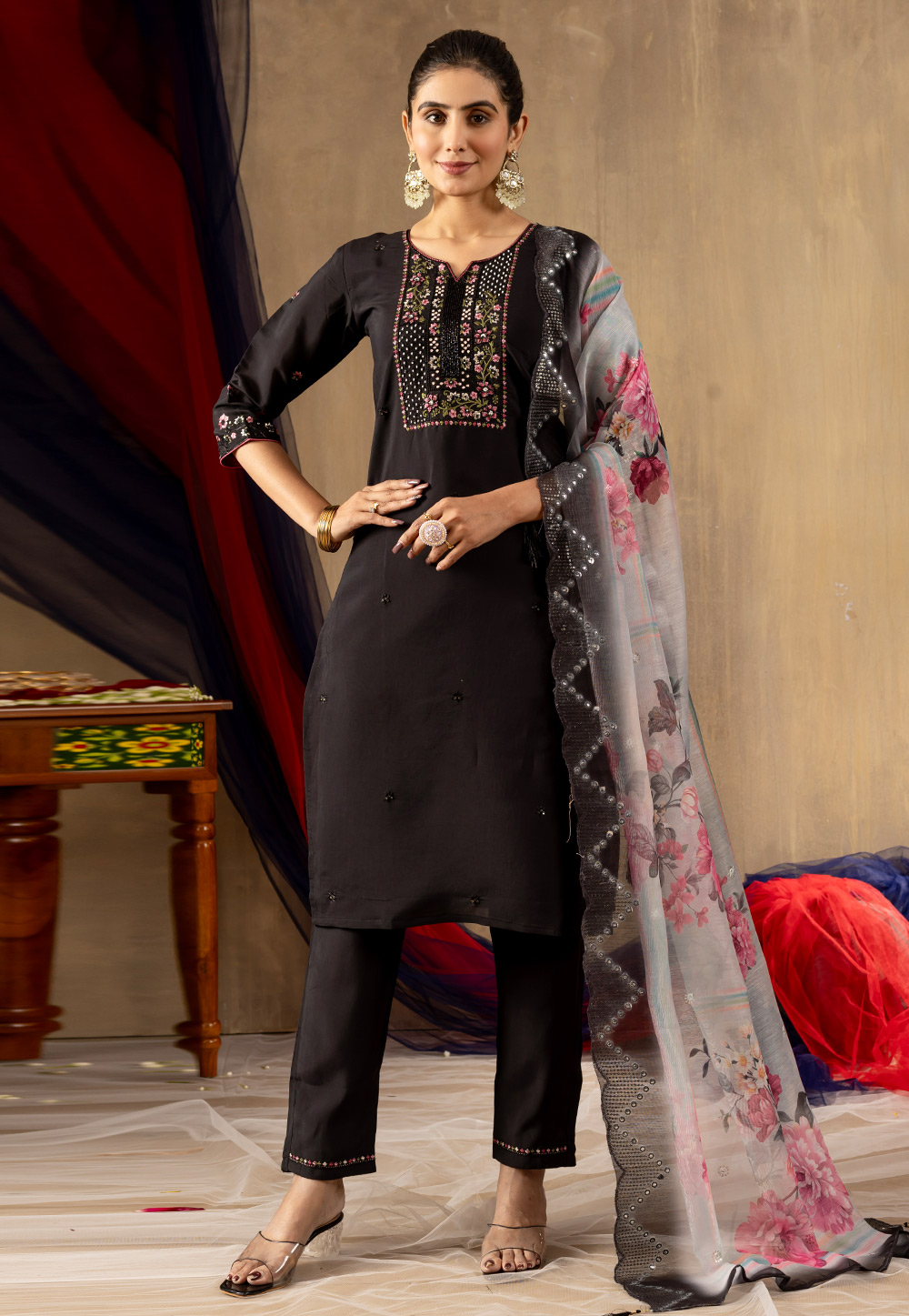 Black Silk Readymade Pant Style Suit 321144