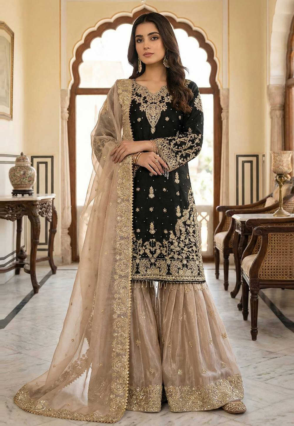 Black Silk Readymade Sharara Suit 323900