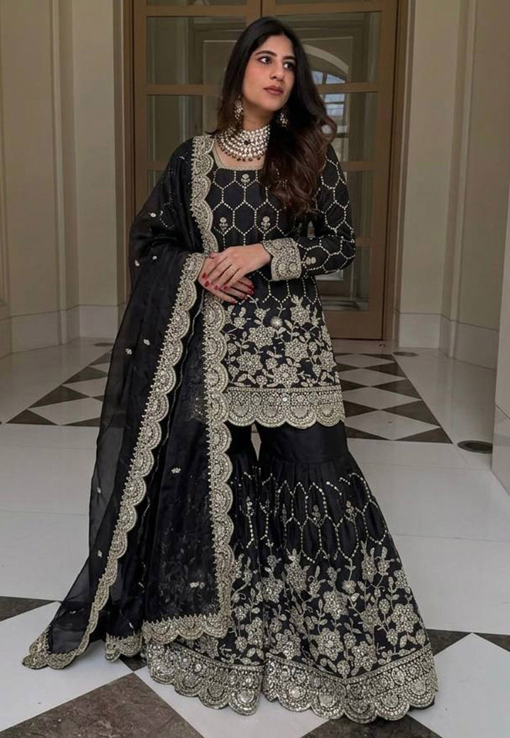 Black Silk Readymade Sharara Suit 329684