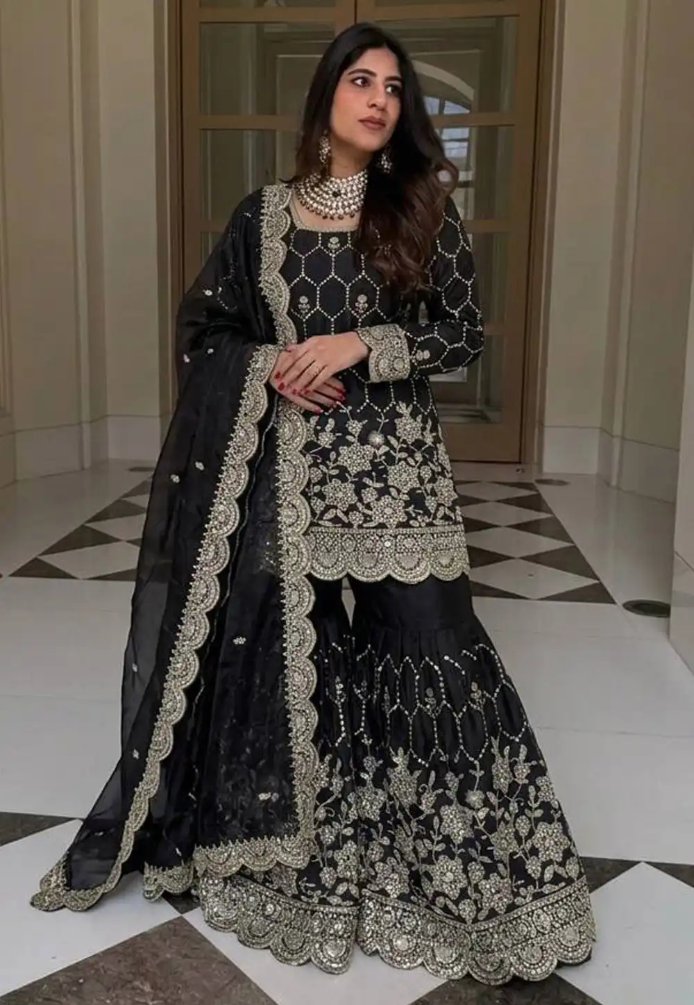 Black Silk Readymade Sharara Suit 329684
