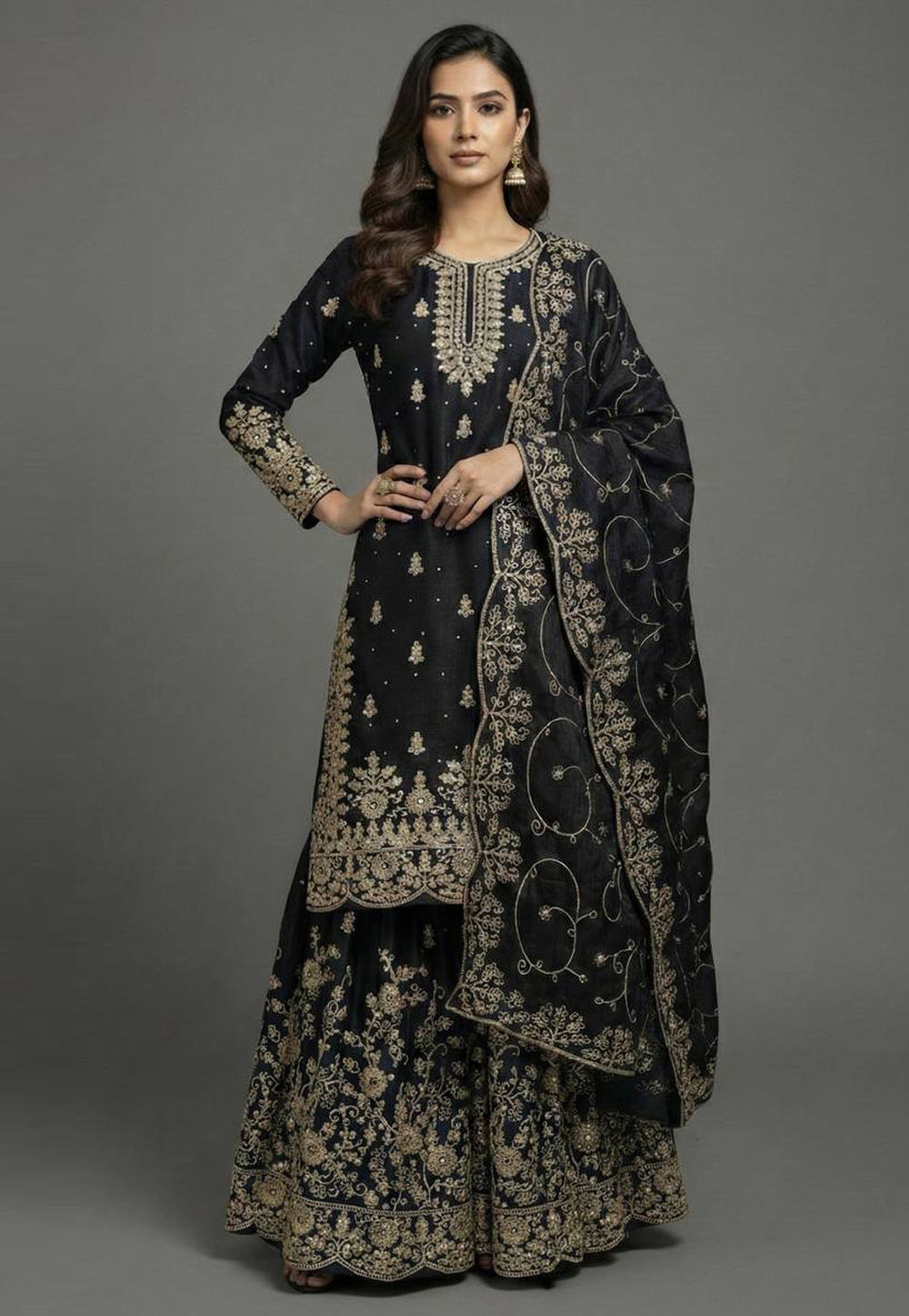 Black Silk Readymade Sharara Suit 323480