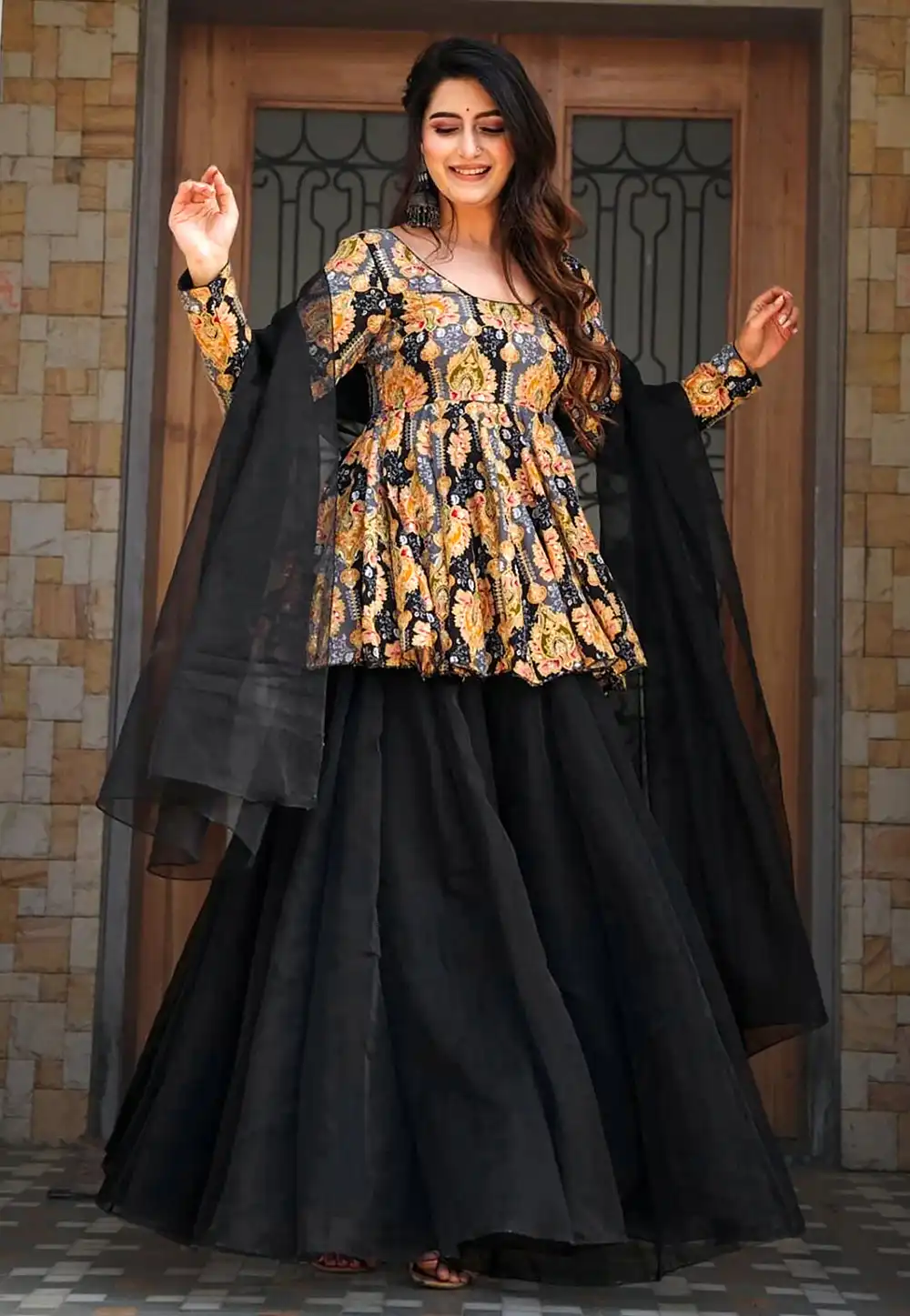 Black Silk Readymade Sharara Suit 320738