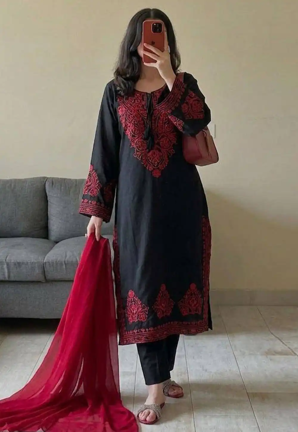 Black Silk Readymade Straight Suit 326600