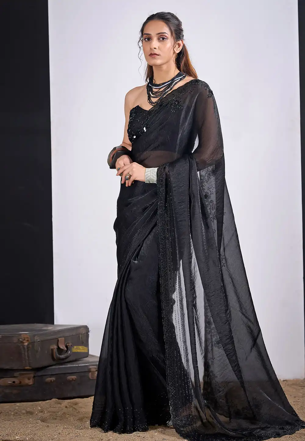 Black Silk Saree With Blouse 327623