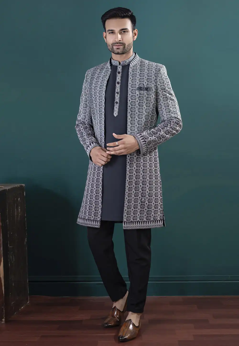 Black Silk Satin Indo Western Suit 317825