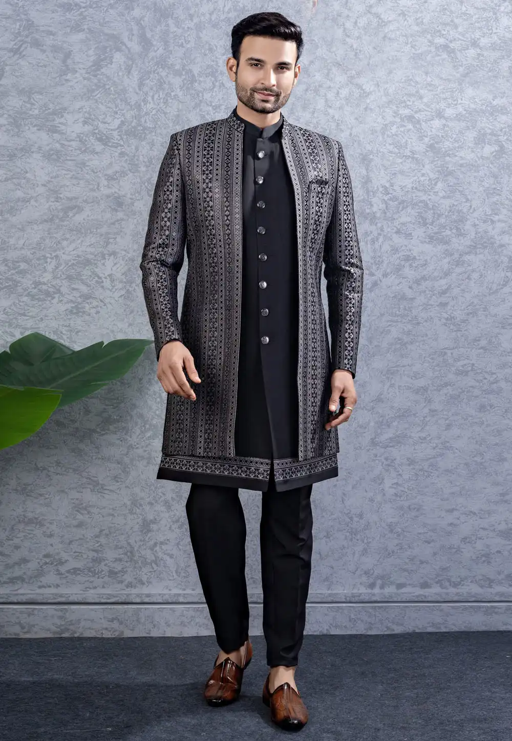 Black Silk Satin Indo Western Suit 317834