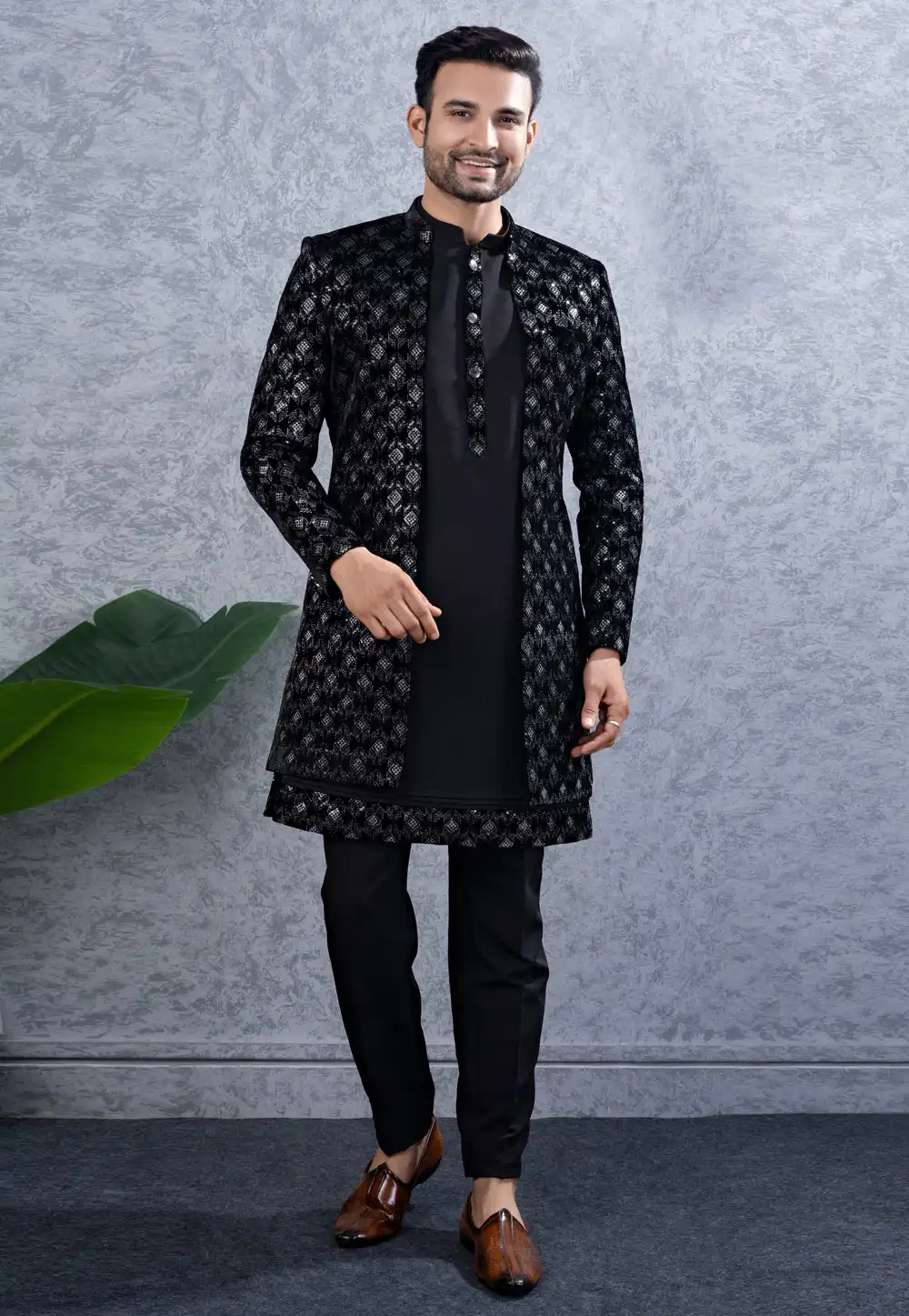 Black Silk Satin Indo Western Suit 317836