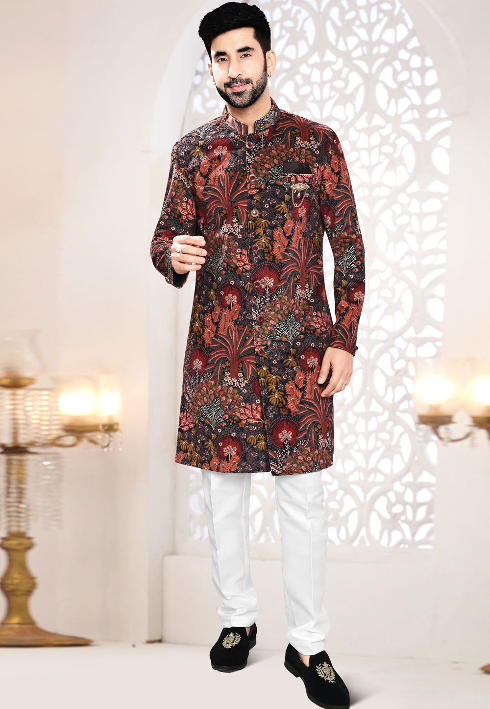 Black Suede Indo Western Suit 306448