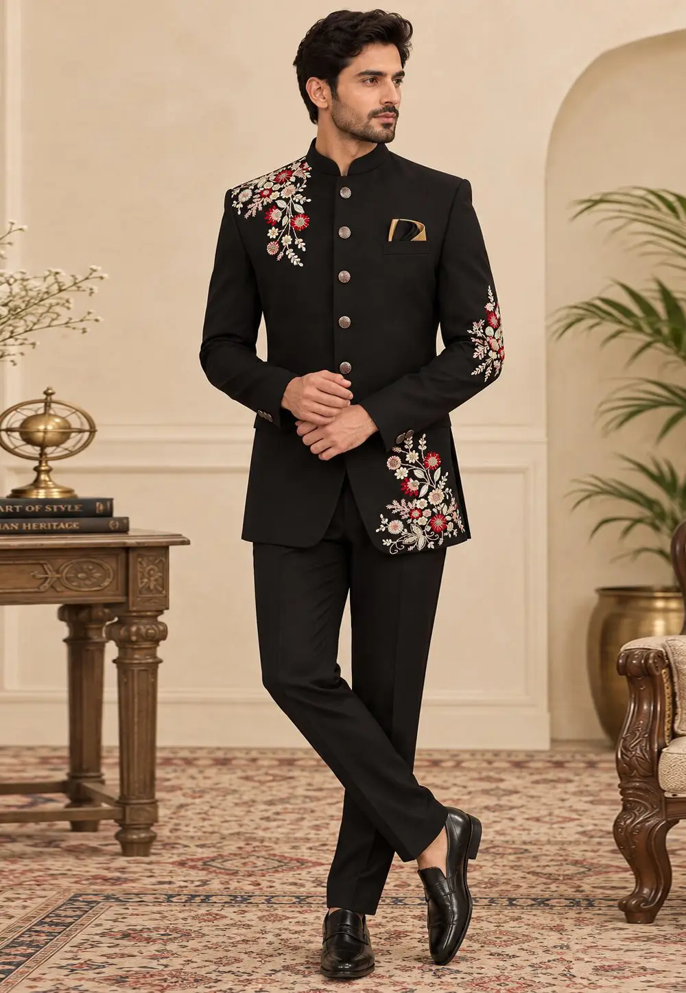 Black Suiting Bandhgala Suit 336413