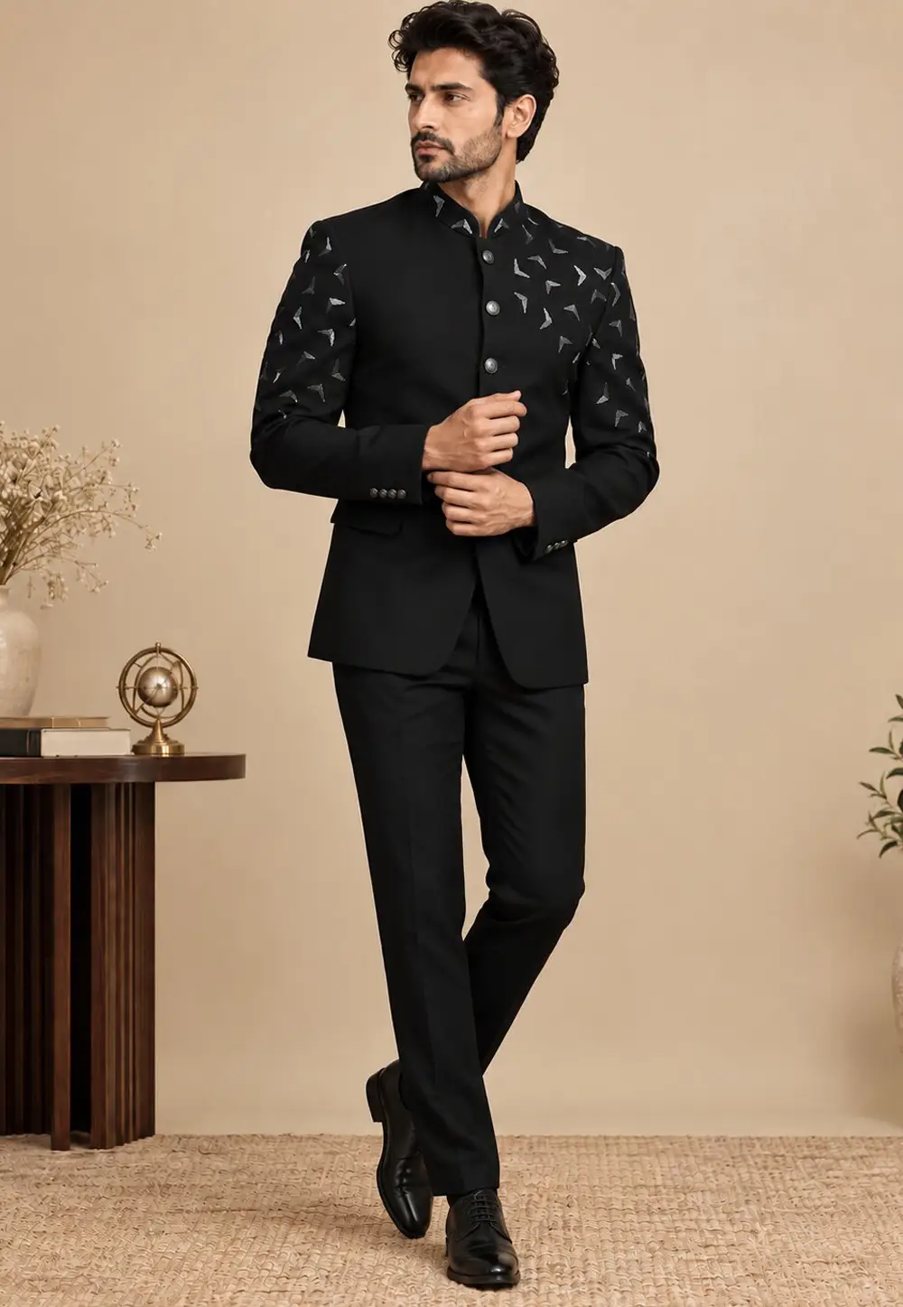 Black Suiting Bandhgala Suit 336421