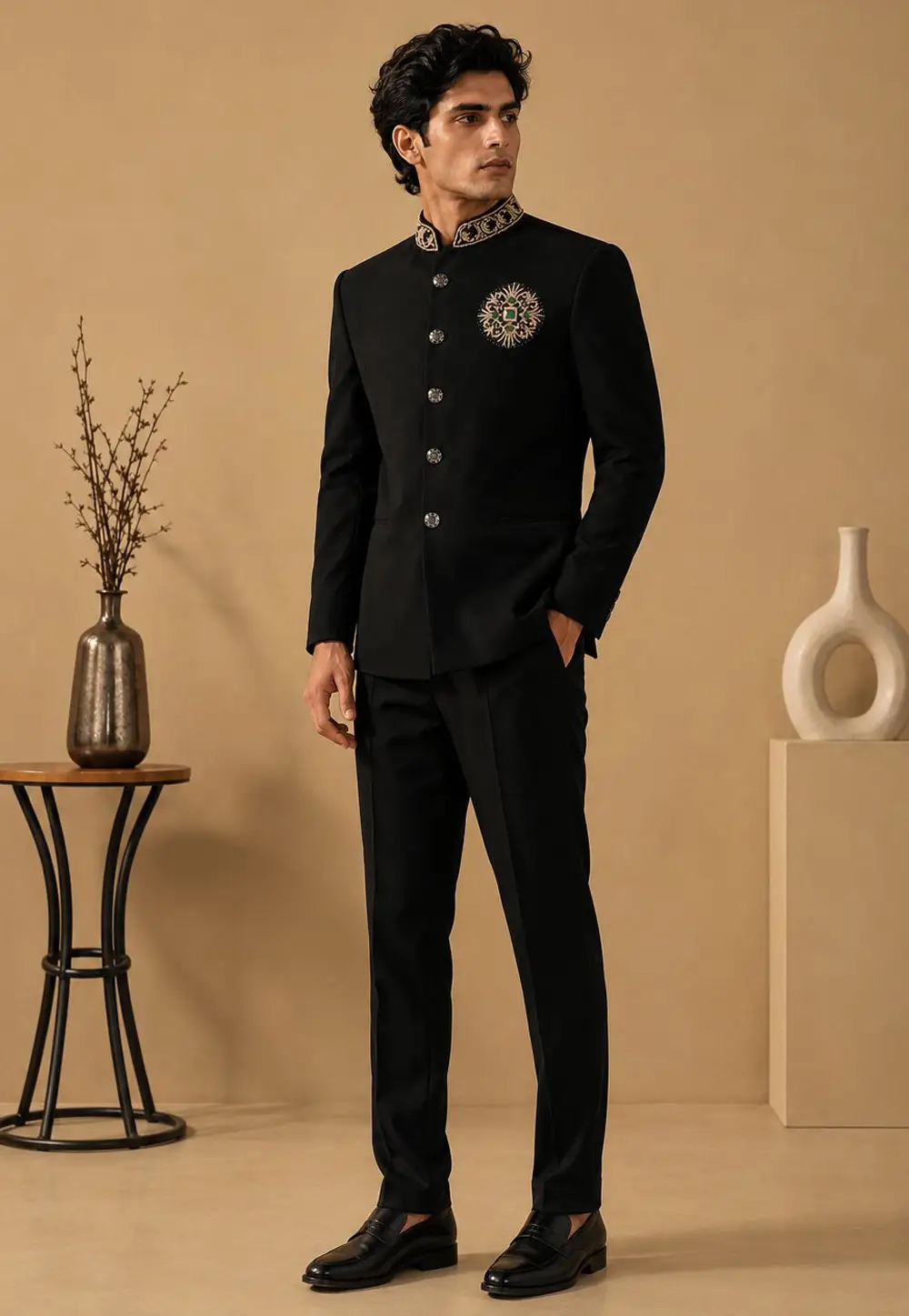 Black Suiting Bandhgala Suit 336437