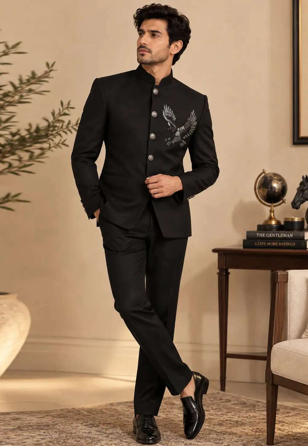 Black Suiting Jodhpuri Suit 336400