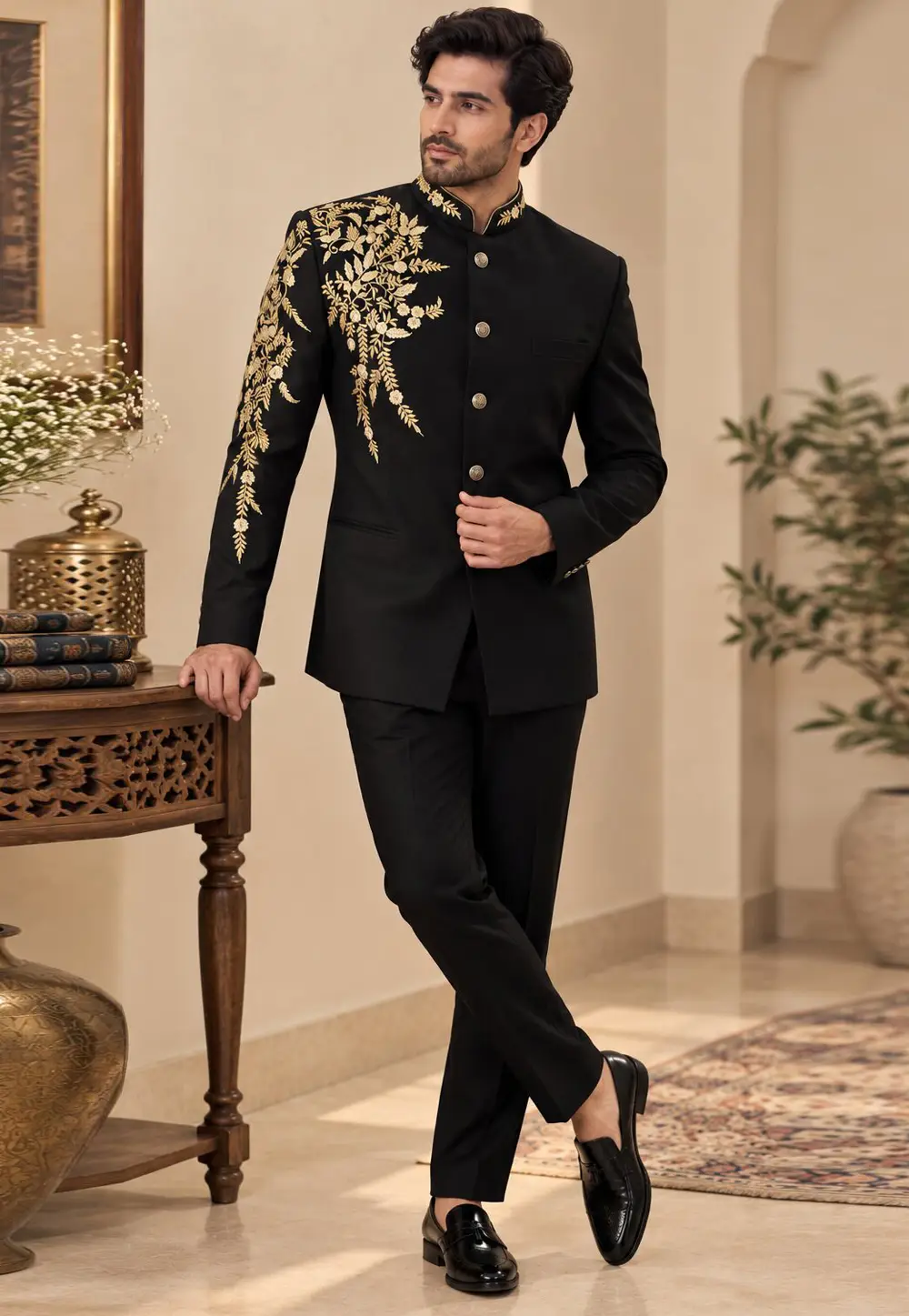 Black Suiting Jodhpuri Suit 336412