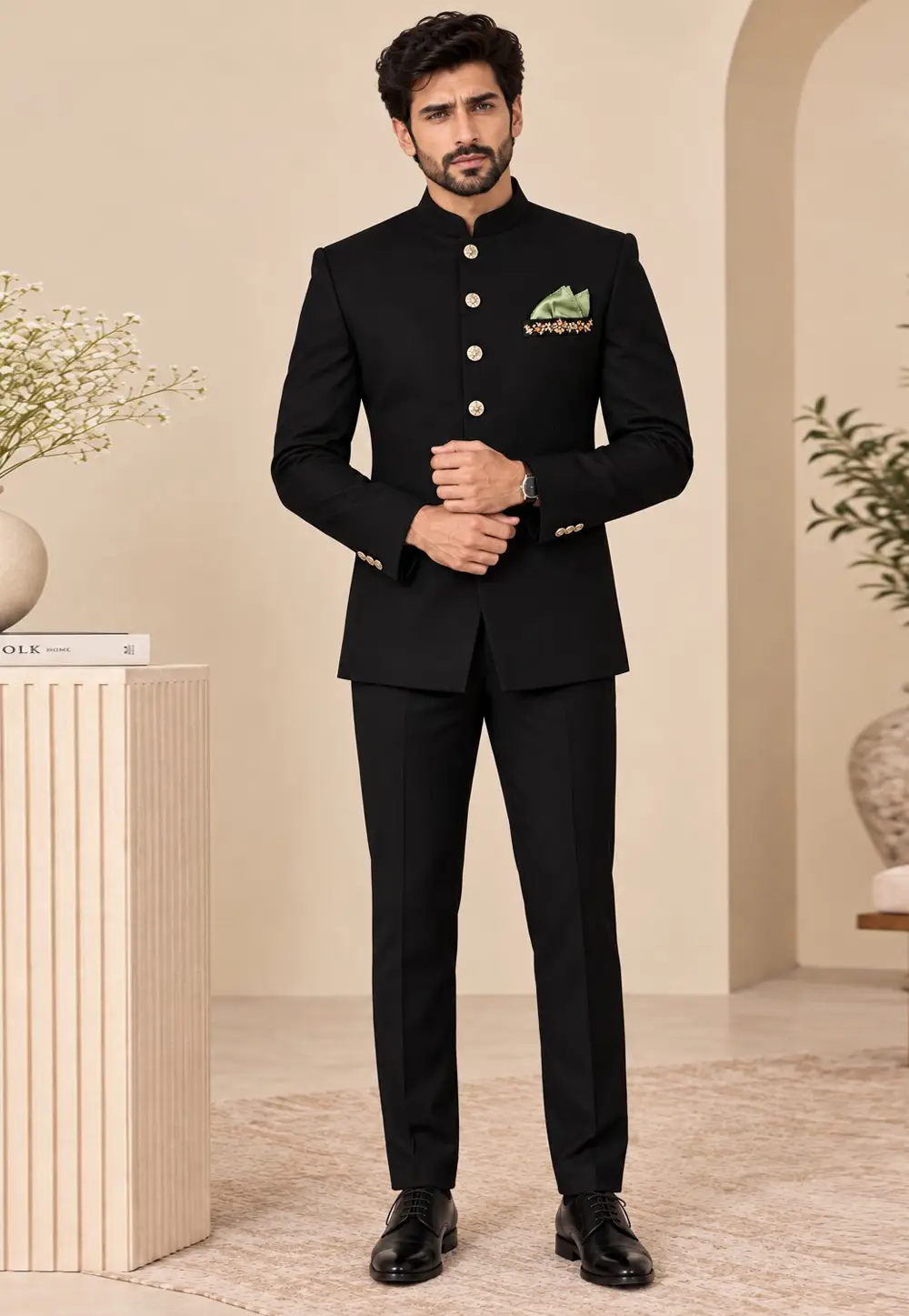 Black Suiting Jodhpuri Suit 336424