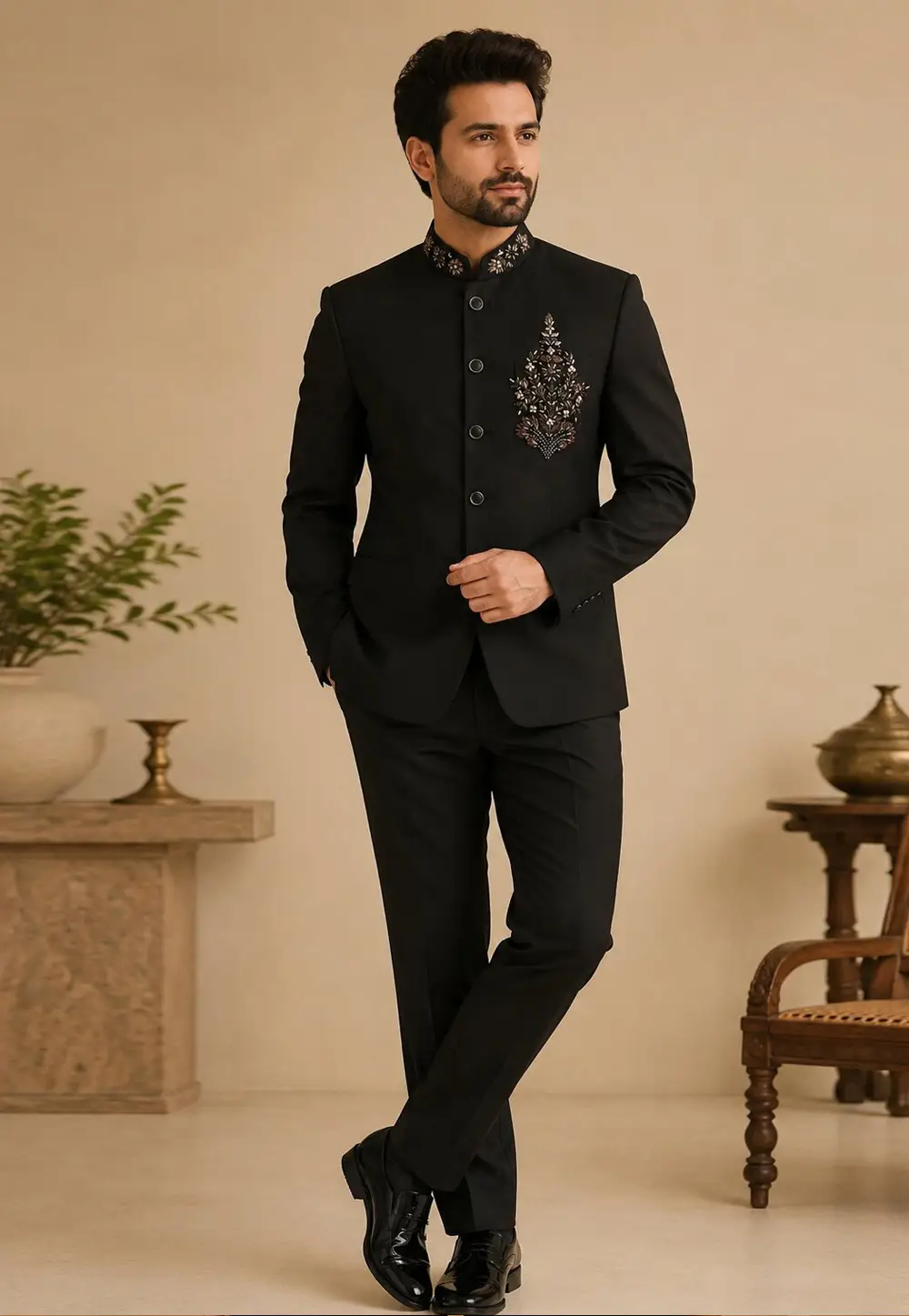 Black Suiting Jodhpuri Suit 336436