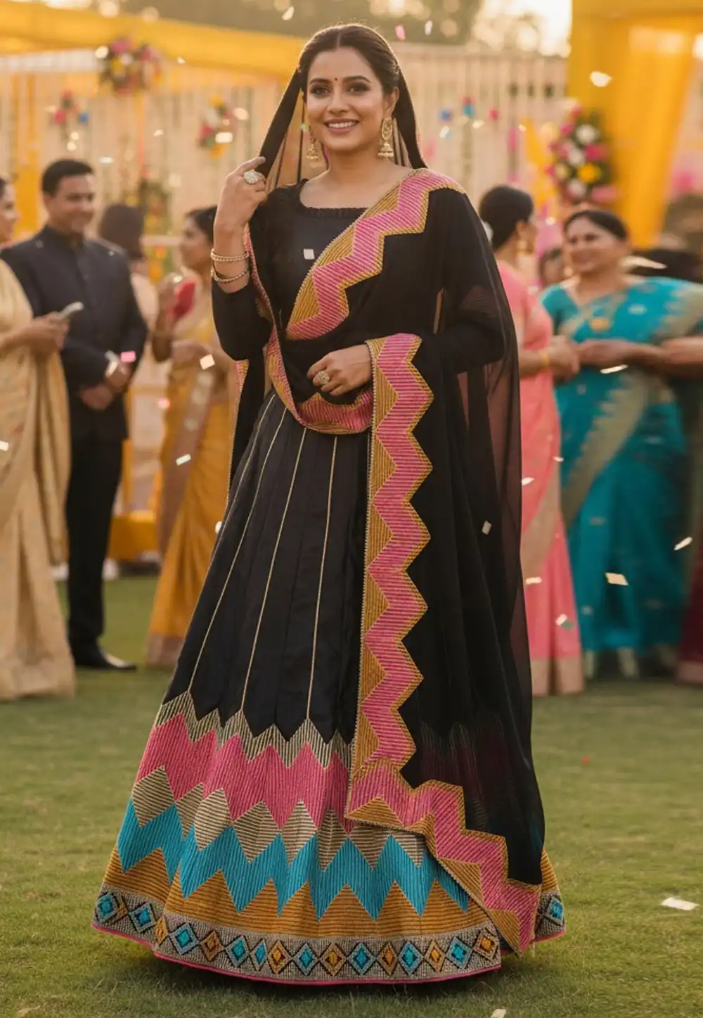 Black Taffeta Circular Lehenga Choli 329143