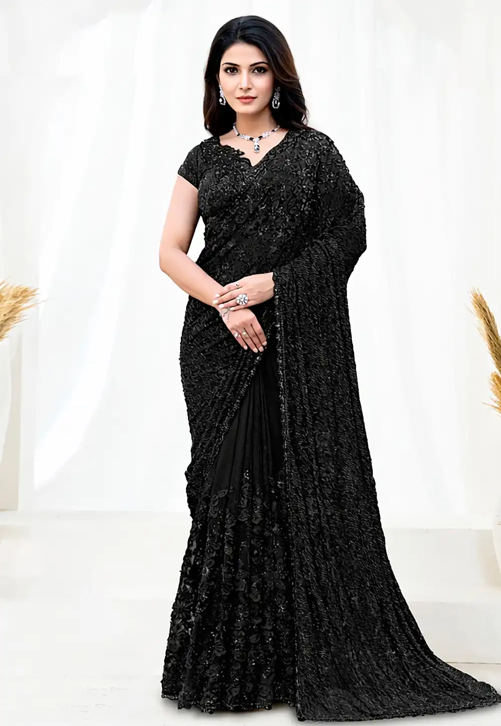 Black Tulle Designer Saree 326774